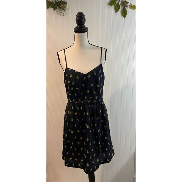 J.Crew Womens Pineapple Print Navy Dress Adjustable Straps Size 10 - Picture 2 of 16